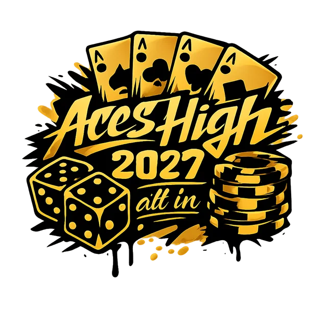 Logo laget av prompten «casino tema, terninger kort og chips, teksten Aces High 2027 og "all in" under, gull og svart»