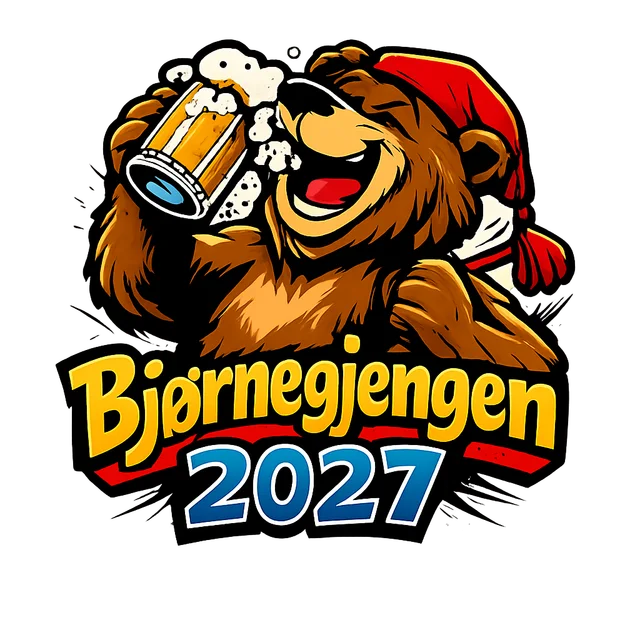 Logo laget av prompten «en bjørn som drikker øl og holder en russelue, teksten Bjørnegjengen 2027»