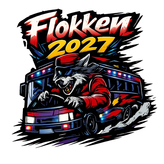 Logo laget av prompten «en ulv i russedress som kjører buss i full fart om natta, med teksten Flokken 2027 over»