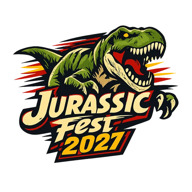 Logo laget av prompten «Jurassic Park logoen men med Jurassic Fest 2027 og en full t-rex»