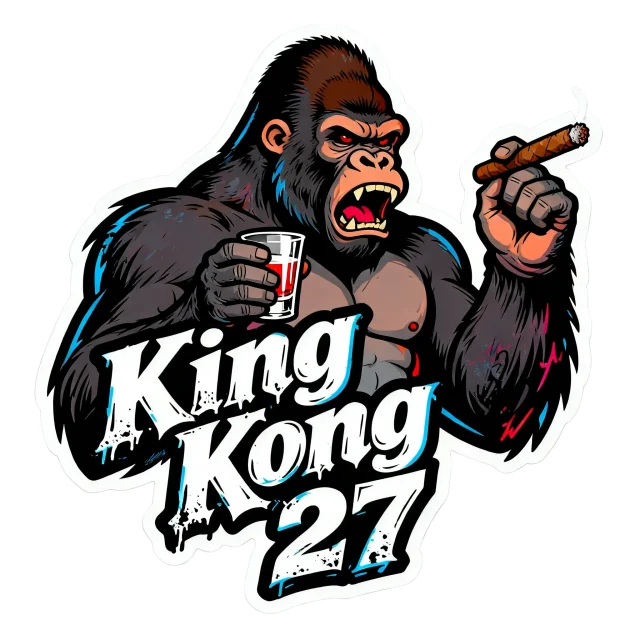 Logo laget av prompten «en gorilla som holder en shot og en sigar, teksten "King Kong 27" tøff og mørk»