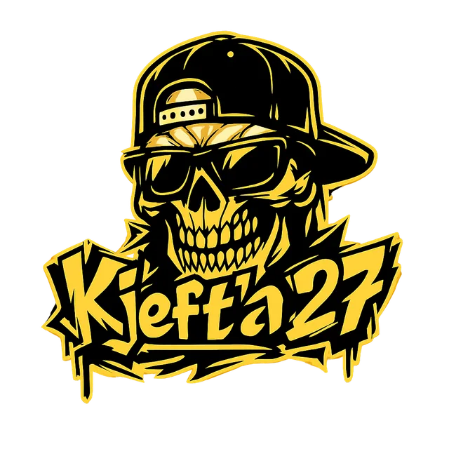 Logo laget av prompten «skælle med solbriller og caps, står Kjeft'a 27 under, sort og gull»