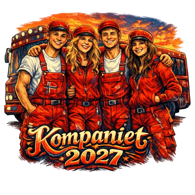 Logo laget av prompten «fire russ i røde russebukser som står foran en buss i solnedgang med armene rundt hverandre, tomme hender, teksten Kompaniet 2027»