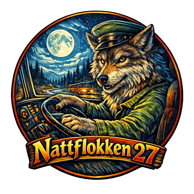 Logo laget av prompten «et rundt emblem med en ulv som kjører buss i måneskinn, teksten Nattflokken 27 i tykke bokstaver under»