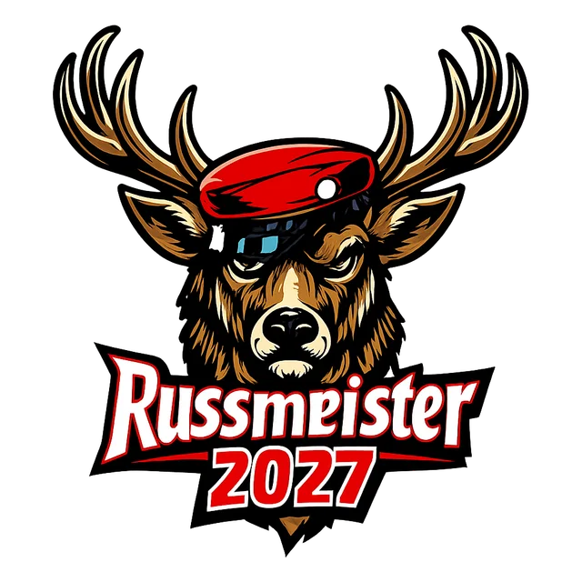 Logo laget av prompten «som jägermeister-logoen men med en russelue på hjorten og Russmeister 2027 under»