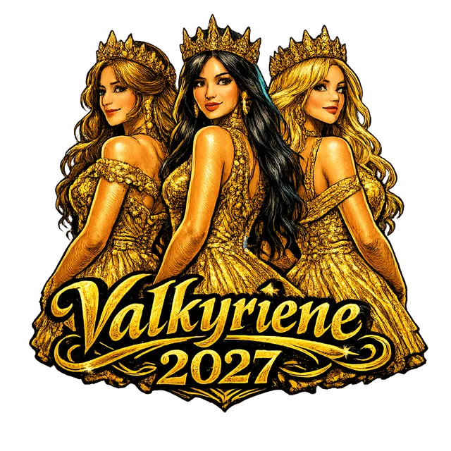 Logo laget av prompten «tre jenter i gullkjoler som står rygg mot rygg med kroner, jentebussen vår, teksten Valkyriene 2027 i gull og svart»