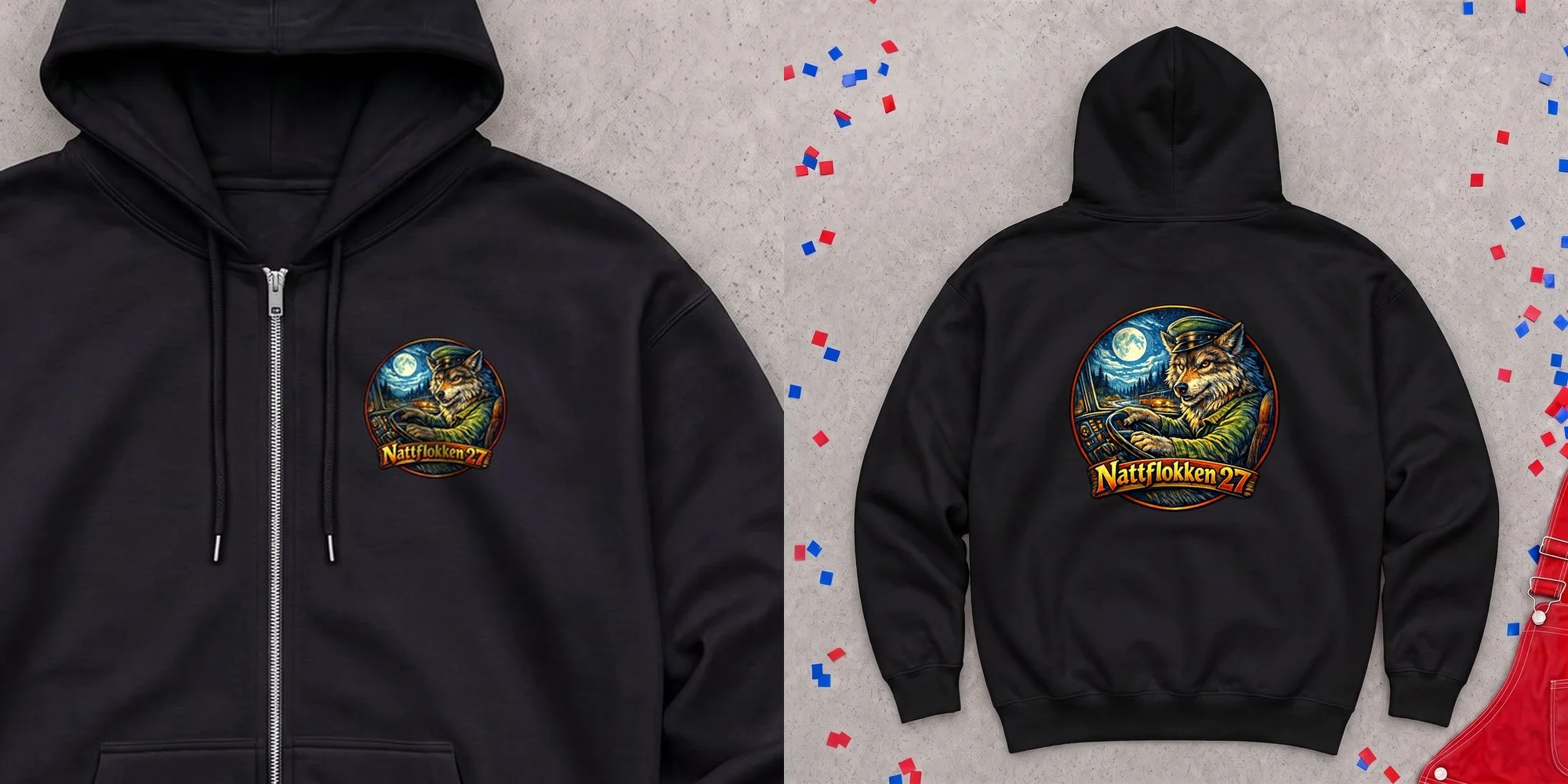Nattflokken 27 på sort zip-hoodie, foran og bak